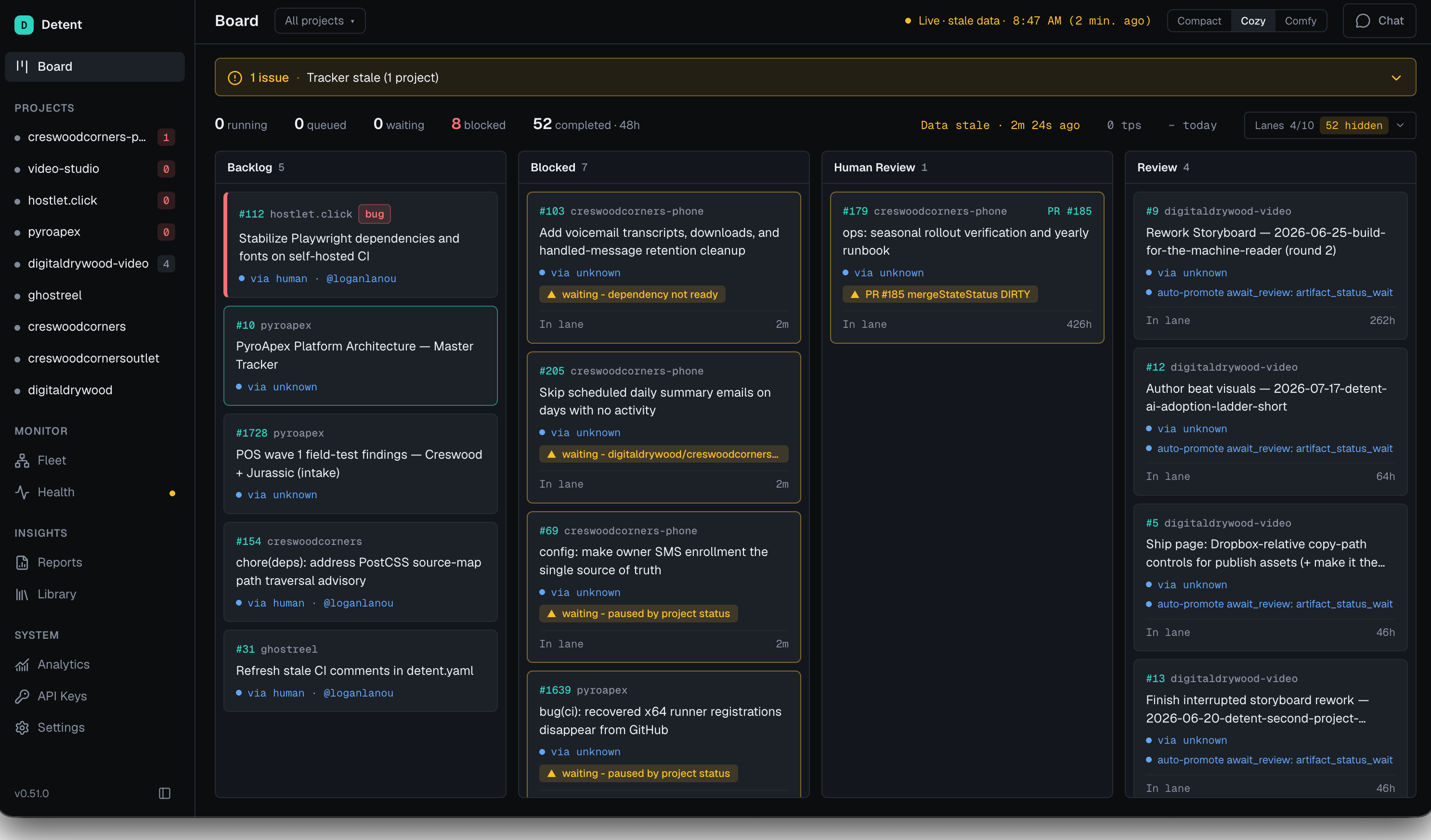 The Detent dashboard: a sidebar of nine projects, a live board with Backlog, Blocked, Human Review, and Review lanes, and a header row showing running, queued, waiting, blocked, and completed counts.